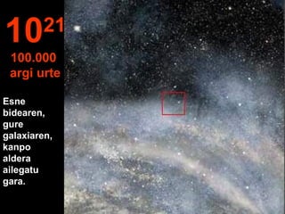 Esne
bidearen,
gure
galaxiaren,
kanpo
aldera
ailegatu
gara.
1021
100.000
argi urte
 