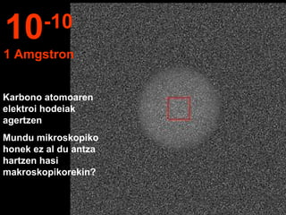 Karbono atomoaren
elektroi hodeiak
agertzen
Mundu mikroskopiko
honek ez al du antza
hartzen hasi
makroskopikorekin?
10-10
1 Amgstron
 