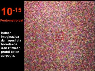 Hemen
imaginazioa
da nagusi eta
horrelakoa
izan zitekeen
protoi baten
aurpegia.
10-15
Fentometro bat
 