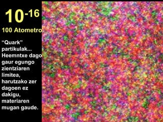 “Quark”
partikulak...
Heemntxe dago
gaur egungo
zientziaren
limitea,
harutzako zer
dagoen ez
dakigu,
materiaren
mugan gaude.
10-16
100 Atometro
 