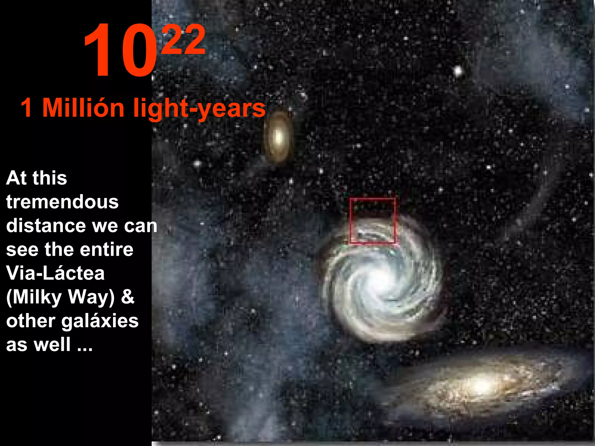 At this tremendous distance we can see the entire Via-Láctea (Milky Way) & other galáxies as well ... 10 22 1 Millión light-years 
