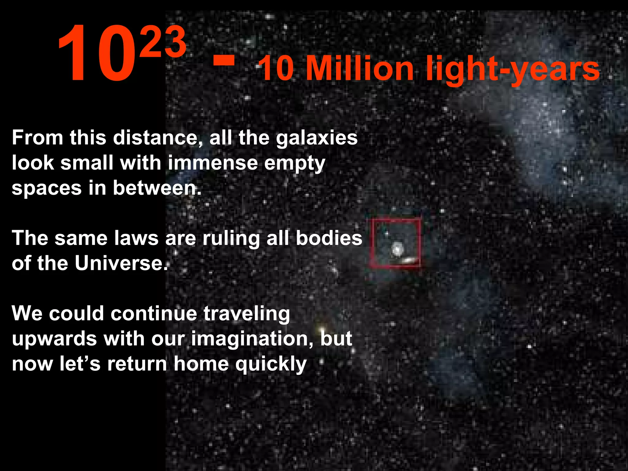 From this distance, all the galaxies look small with immense empty spaces in between. The same laws are ruling all bodies of the Universe.  We could continue traveling upwards with our imagination, but now let’s return home quickly 10 23  -  10 Million light-years 