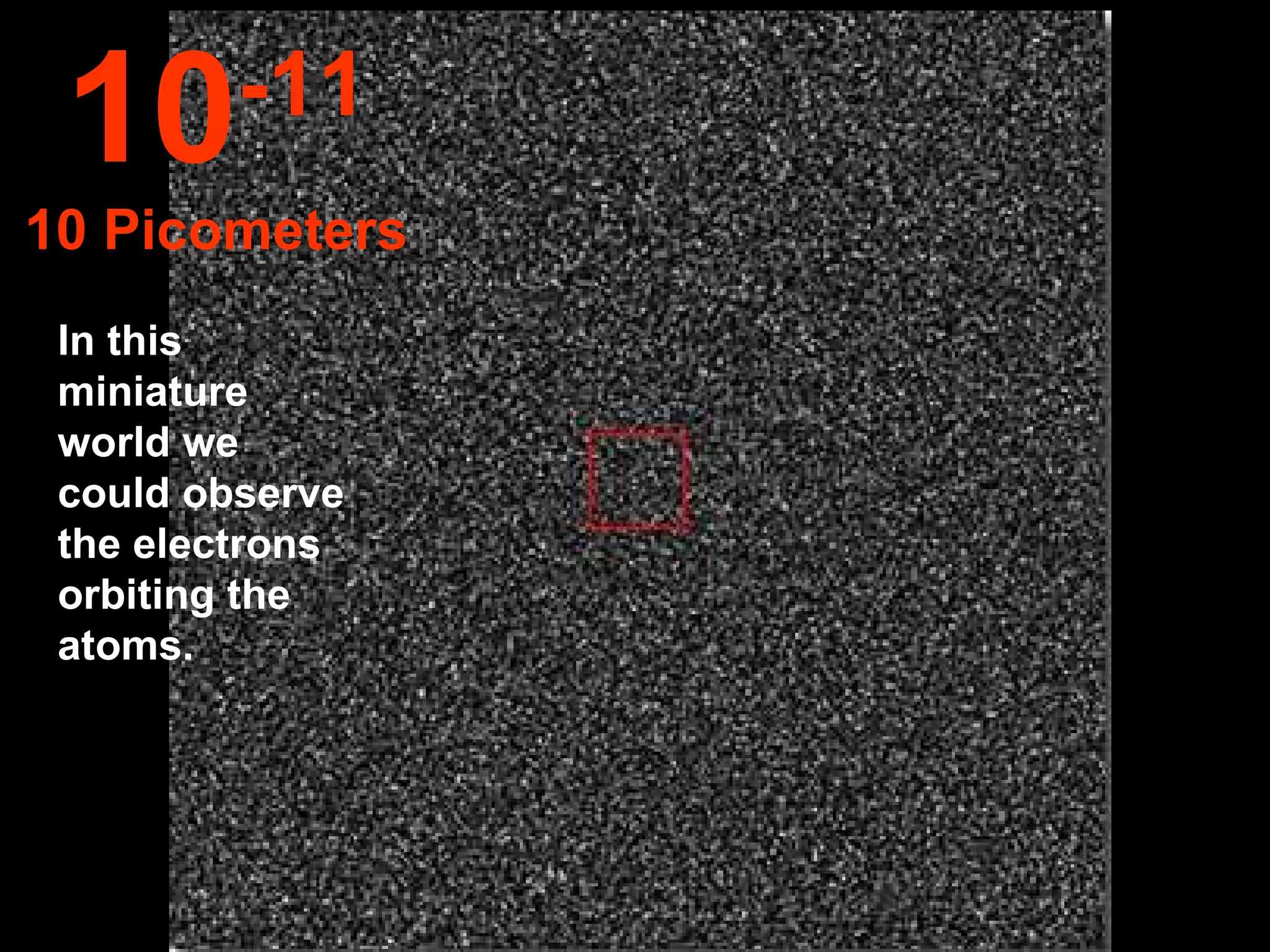 In this miniature world we could observe the electrons orbiting the atoms. 10 -11 10 Picometers 