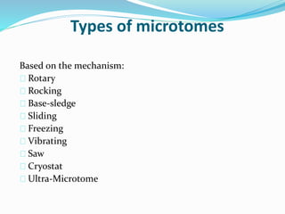 Types of microtomes
Based on the mechanism:
Rotary
Rocking
Base-sledge
Sliding
Freezing
Vibrating
Saw
Cryostat
Ultra-Microtome
 