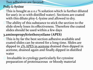 Two adhesives are favored:
Poly-L-lysine
This is bought as a 0.1 % solution which is further diluted
for use(1 in 10 with distilled water). Sections are coated
with this dilute ploy-L-lysine and allowed to dry.
The ability of this substance to stick the section to the
slide slowly loses its effectiveness. Therefore the coated
slides should be used within a few days
3.aminopropyltriethoxysilane (APES)
This is by far the best section adhesive available and
coated slides can be stored for a long time. Slides are
dipped in 2% APES in acetone drained then dipped in
acetone, drained again and finally dipped in distilled
water
Invaluable in cytology particularly for cytosine
preparation of proteinaceous or bloody material
 