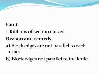 Fault
Ribbons of section curved
Reason and remedy
a) Block edges are not parallel to each
other
b) Block edges not parallel to the knife
 