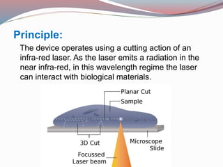 Principle:
The device operates using a cutting action of an
infra-red laser. As the laser emits a radiation in the
near infra-red, in this wavelength regime the laser
can interact with biological materials.
 