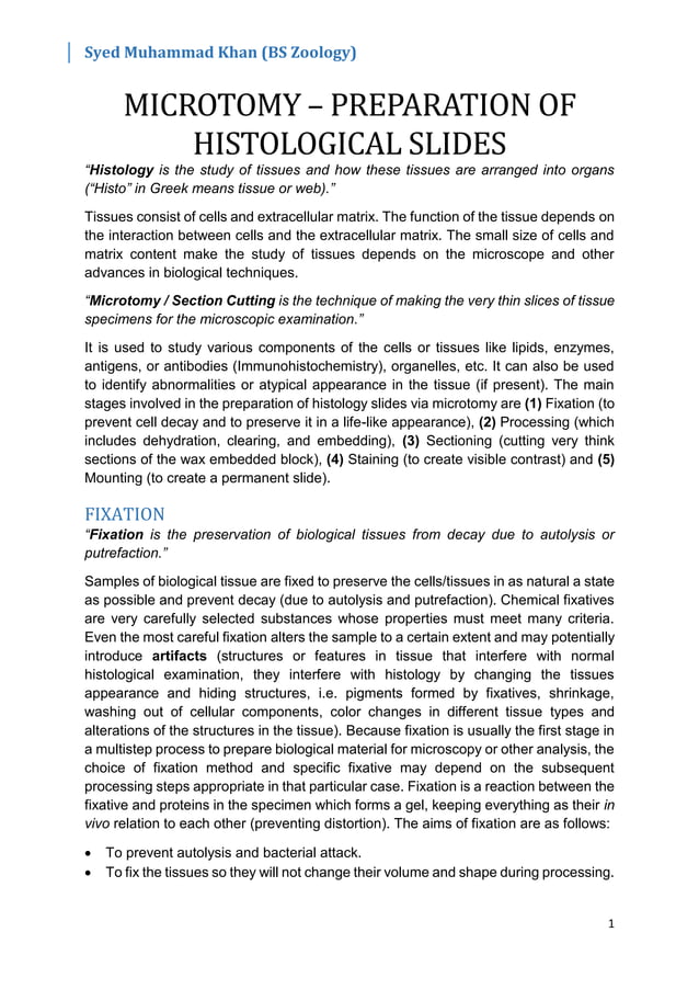 Microtomy - Preparation of Histological Slides | PDF