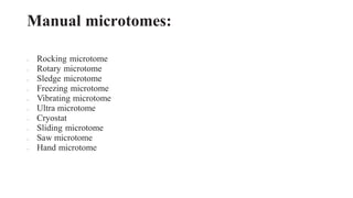 Manual microtomes:
– Rocking microtome
– Rotary microtome
– Sledge microtome
– Freezing microtome
– Vibrating microtome
– Ultra microtome
– Cryostat
– Sliding microtome
– Saw microtome
– Hand microtome
 