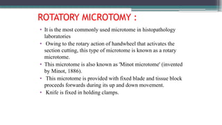 ROTATORY MICROTOMY :
• It is the most commonly used microtome in histopathology
laboratories
• Owing to the rotary action of handwheel that activates the
section cutting, this type of microtome is known as a rotary
microtome.
• This microtome is also known as 'Minot microtome' (invented
by Minot, 1886).
• This microtome is provided with fixed blade and tissue block
proceeds forwards during its up and down movement.
• Knife is fixed in holding clamps.
 