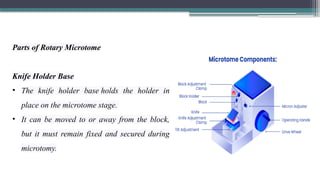 Parts of Rotary Microtome
Knife Holder Base
• The knife holder base holds the holder in
place on the microtome stage.
• It can be moved to or away from the block,
but it must remain fixed and secured during
microtomy.
 