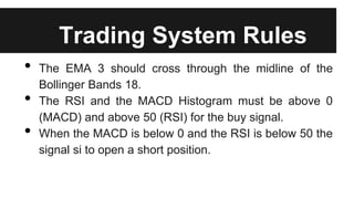 Trading System Rules
• The EMA 3 should cross through the midline of the
Bollinger Bands 18.
• The RSI and the MACD Histogram must be above 0
(MACD) and above 50 (RSI) for the buy signal.
• When the MACD is below 0 and the RSI is below 50 the
signal si to open a short position.
 