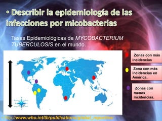 Tasas Epidemiológicas de MYCOBACTERIUM
TUBERCULOSIS en el mundo.
• http://www.who.int/tb/publications/global_report/es/
Zonas con
menos
incidencias.
Zona con más
incidencias en
América.
Zonas con más
incidencias
 