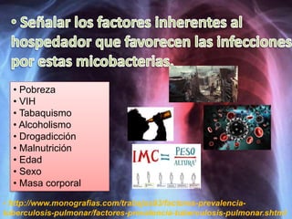 • Pobreza
• VIH
• Tabaquismo
• Alcoholismo
• Drogadicción
• Malnutrición
• Edad
• Sexo
• Masa corporal
• http://www.monografias.com/trabajos93/factores-prevalencia-
tuberculosis-pulmonar/factores-prevalencia-tuberculosis-pulmonar.shtml
 