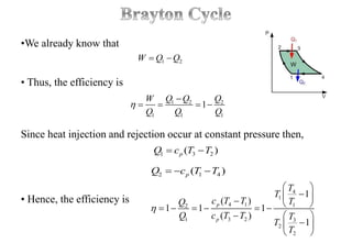 •We already know that
• Thus, the efficiency is
Since heat injection and rejection occur at constant pressure then,
• Hence, the efficiency is
1 2W Q Q 
1 2 2
1 1 1
1
Q Q QW
Q Q Q


   
2 1 4( )pQ c T T  
1 3 2( )pQ c T T 
4
1
4 1 12
1 3 2 3
2
2
1
( )
1 1 1
( )
1
p
p
T
T
c T T TQ
Q c T T T
T
T

 
        
  
 
 
 