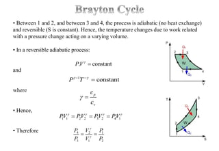 • Between 1 and 2, and between 3 and 4, the process is adiabatic (no heat exchange)
and reversible (S is constant). Hence, the temperature changes due to work related
with a pressure change acting on a varying volume.
• In a reversible adiabatic process:
and
where
• Hence,
• Therefore
1
constantP T  

p
v
c
c
 
1 1 2 2 3 2 4 1PV PV PV PV   
  
4 2 1
3 1 2
P V P
P V P


 
. constantPV

 