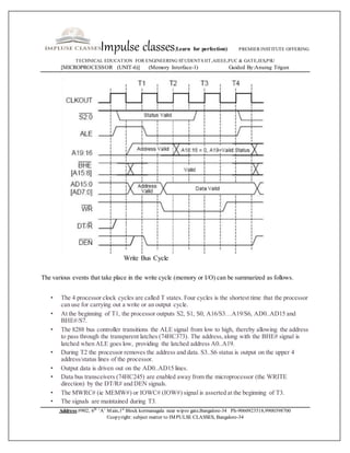 Impulse classes(Learn for perfection) PREMIER INSTITUTE OFFERING
TECHNICAL EDUCATION FOR ENGINEERING STUDENTS IIT,AIEEE,PUC & GATE,IES,PSU
[MICROPROCESSOR (UNIT-6)] (Memory Interface-1) Guided By:Anurag Trigun
Address:#902, 6th
‘A’ Main,1st
Block kormanagala near wipro gate,Bangalore-34 Ph-9060923518,9900398700
©copyright: subject matter to IMPULSE CLASSES, Bangalore-34
Write Bus Cycle
The various events that take place in the write cycle (memory or I/O) can be summarized as follows.
• The 4 processor clock cycles are called T states. Four cycles is the shortest time that the processor
can use for carrying out a write or an output cycle.
• At the beginning of T1, the processor outputs S2, S1, S0, A16/S3…A19/S6, AD0..AD15 and
BHE#/S7.
• The 8288 bus controller transitions the ALE signal from low to high, thereby allowing the address
to pass through the transparent latches (74HC373). The address,along with the BHE# signal is
latched when ALE goes low, providing the latched address A0..A19.
• During T2 the processor removes the address and data. S3..S6 status is output on the upper 4
address/status lines of the processor.
• Output data is driven out on the AD0..AD15 lines.
• Data bus transceivers (74HC245) are enabled away from the microprocessor (the WRITE
direction) by the DT/R# and DEN signals.
• The MWRC# (ie MEMW#) or IOWC# (IOW#) signal is asserted at the beginning of T3.
• The signals are maintained during T3.
 