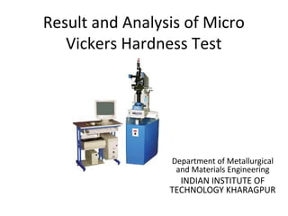 Result and Analysis of Micro
   Vickers Hardness Test




                 Department of Metallurgical
                  and Materials Engineering
                   INDIAN INSTITUTE OF
                 TECHNOLOGY KHARAGPUR
 