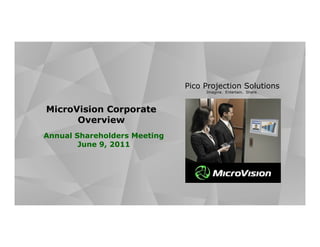 Pico Projection Solutions
                                   Imagine. Entertain. Share.




MicroVision Corporate
      Overview
Annual Shareholders Meeting
        June 9, 2011
 