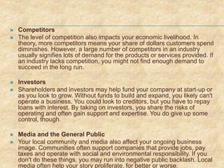  Competitors
 The level of competition also impacts your economic livelihood. In
theory, more competitors means your share of dollars customers spend
diminishes. However, a large number of competitors in an industry
usually signifies lots of demand for the products or services provided. If
an industry lacks competition, you might not find enough demand to
succeed in the long run.
 Investors
 Shareholders and investors may help fund your company at start-up or
as you look to grow. Without funds to build and expand, you likely can't
operate a business. You could look to creditors, but you have to repay
loans with interest. By taking on investors, you share the risks of
operating and often gain support and expertise. You do give up some
control, though.
 Media and the General Public
 Your local community and media also affect your ongoing business
image. Communities often support companies that provide jobs, pay
taxes and operate with social and environmental responsibility. If you
don't do these things, you may run into negative public backlash. Local
media often help your story proliferate, for better or worse.
 