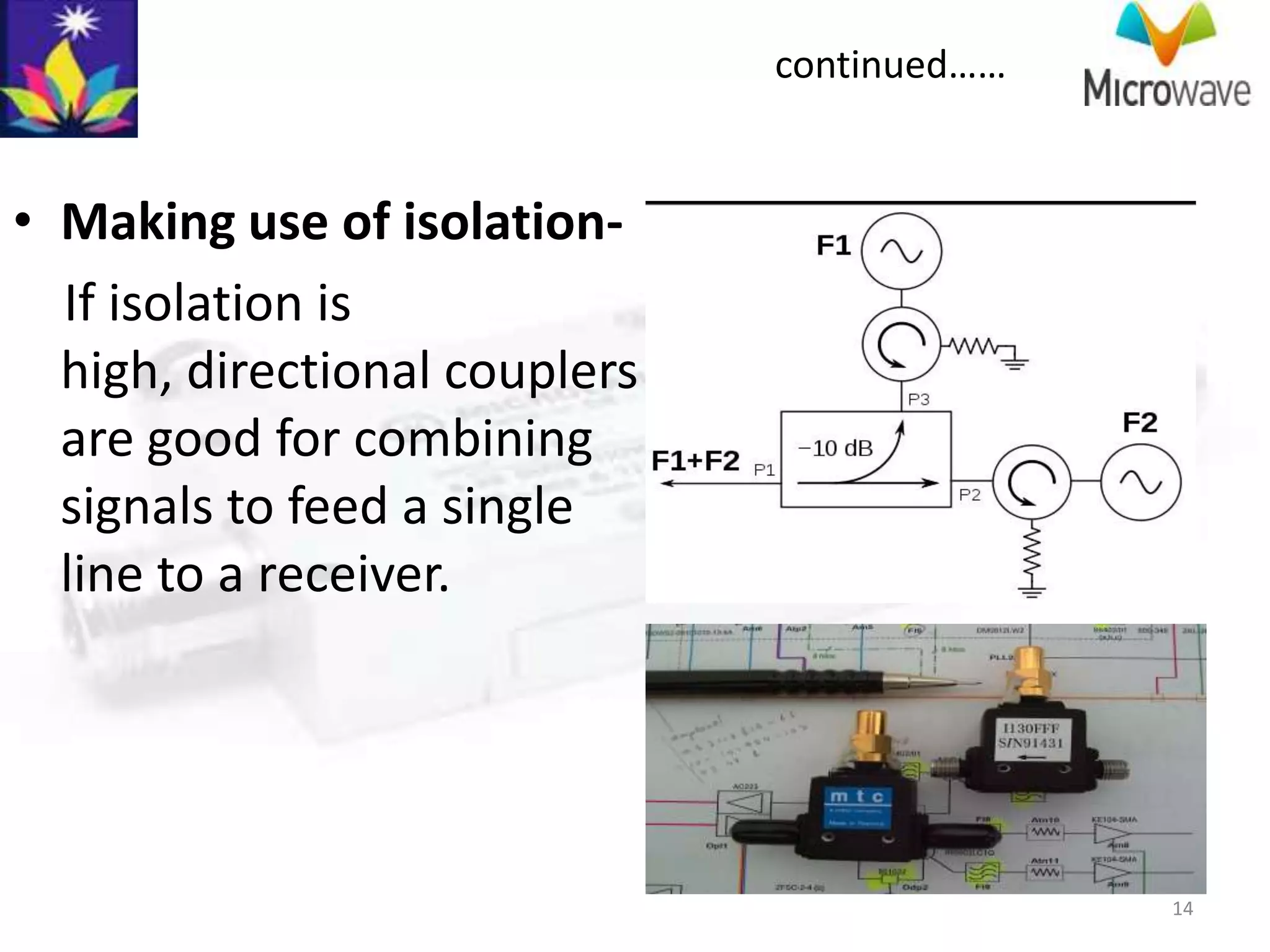 continued……


• Making use of isolation-
  If isolation is
  high, directional couplers
  are good for combining
  signals to feed a single
  line to a receiver.




                                             14
 