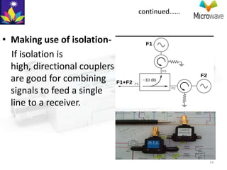 continued……


• Making use of isolation-
  If isolation is
  high, directional couplers
  are good for combining
  signals to feed a single
  line to a receiver.




                                             14
 