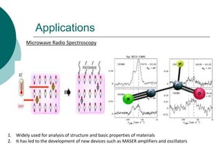 Applications
Microwave Radio Spectroscopy
1. Widely used for analysis of structure and basic properties of materials
2. It has led to the development of new devices such as MASER amplifiers and oscillators
 