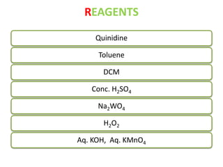REAGENTS 
Quinidine 
Toluene 
DCM 
Conc. H2SO4 
Na2WO4 
H2O2 
Aq. KOH, Aq. KMnO4 
 