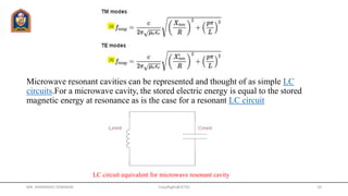 Microwave resonant cavities can be represented and thought of as simple LC
circuits.For a microwave cavity, the stored electric energy is equal to the stored
magnetic energy at resonance as is the case for a resonant LC circuit
CopyRight@JETGI 10
LC circuit equivalent for microwave resonant cavity
MR. HIMANSHU DIWAKAR
 