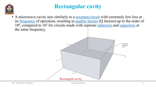 Rectangular cavity
• A microwave cavity acts similarly to a resonant circuit with extremely low loss at
its frequency of operation, resulting in quality factors (Q factors) up to the order of
106, compared to 102 for circuits made with separate inductors and capacitors at
the same frequency.
CopyRight@JETGI 4
Rectangular cavity
MR. HIMANSHU DIWAKAR
 