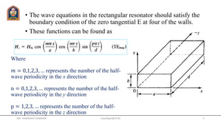 Where
𝑚 = 0,1,2,3, … represents the number of the half-
wave periodicity in the x direction
n = 0,1,2,3, … represents the number of the half-
wave periodicity in the y direction
p = 1,2,3, … represents the number of the half-
wave periodicity in the z direction
• The wave equations in the rectangular resonator should satisfy the
boundary condition of the zero tangential E at four of the walls.
• These functions can be found as
MR. HIMANSHU DIWAKAR CopyRight@JETGI 5
 
