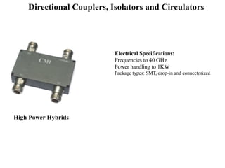 High Power Hybrids
Electrical Specifications:
Frequencies to 40 GHz
Power handling to 1KW
Package types: SMT, drop-in and connectorized
Directional Couplers, Isolators and Circulators
 