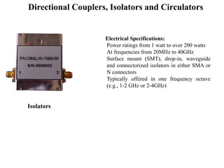 Isolators
Electrical Specifications:
Power ratings from 1 watt to over 200 watts
At frequencies from 20MHz to 40GHz
Surface mount (SMT), drop-in, waveguide
and connectorized isolators in either SMA or
N connectors
Typically offered in one frequency octave
(e.g., 1-2 GHz or 2-4GHz)
Directional Couplers, Isolators and Circulators
 