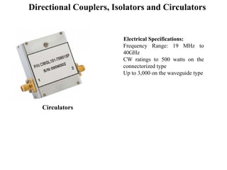 Circulators
Electrical Specifications:
Frequency Range: 19 MHz to
40GHz
CW ratings to 500 watts on the
connectorized type
Up to 3,000 on the waveguide type
Directional Couplers, Isolators and Circulators
 