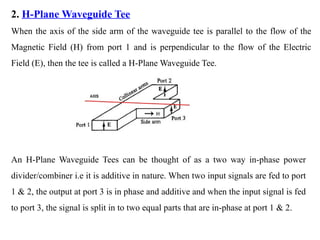 2. H-Plane Waveguide Tee
When the axis of the side arm of the waveguide tee is parallel to the flow of the
Magnetic Field (H) from port 1 and is perpendicular to the flow of the Electric
Field (E), then the tee is called a H-Plane Waveguide Tee.
An H-Plane Waveguide Tees can be thought of as a two way in-phase power
divider/combiner i.e it is additive in nature. When two input signals are fed to port
1 & 2, the output at port 3 is in phase and additive and when the input signal is fed
to port 3, the signal is split in to two equal parts that are in-phase at port 1 & 2.
 