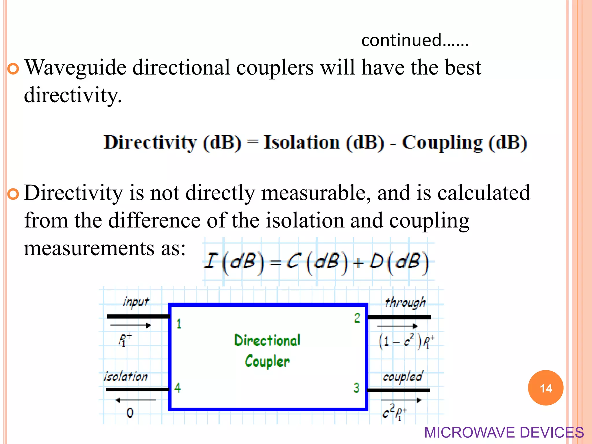  Waveguide directional couplers will have the best
directivity.
 Directivity is not directly measurable, and is calculated
from the difference of the isolation and coupling
measurements as:
14
continued……
MICROWAVE DEVICES
 