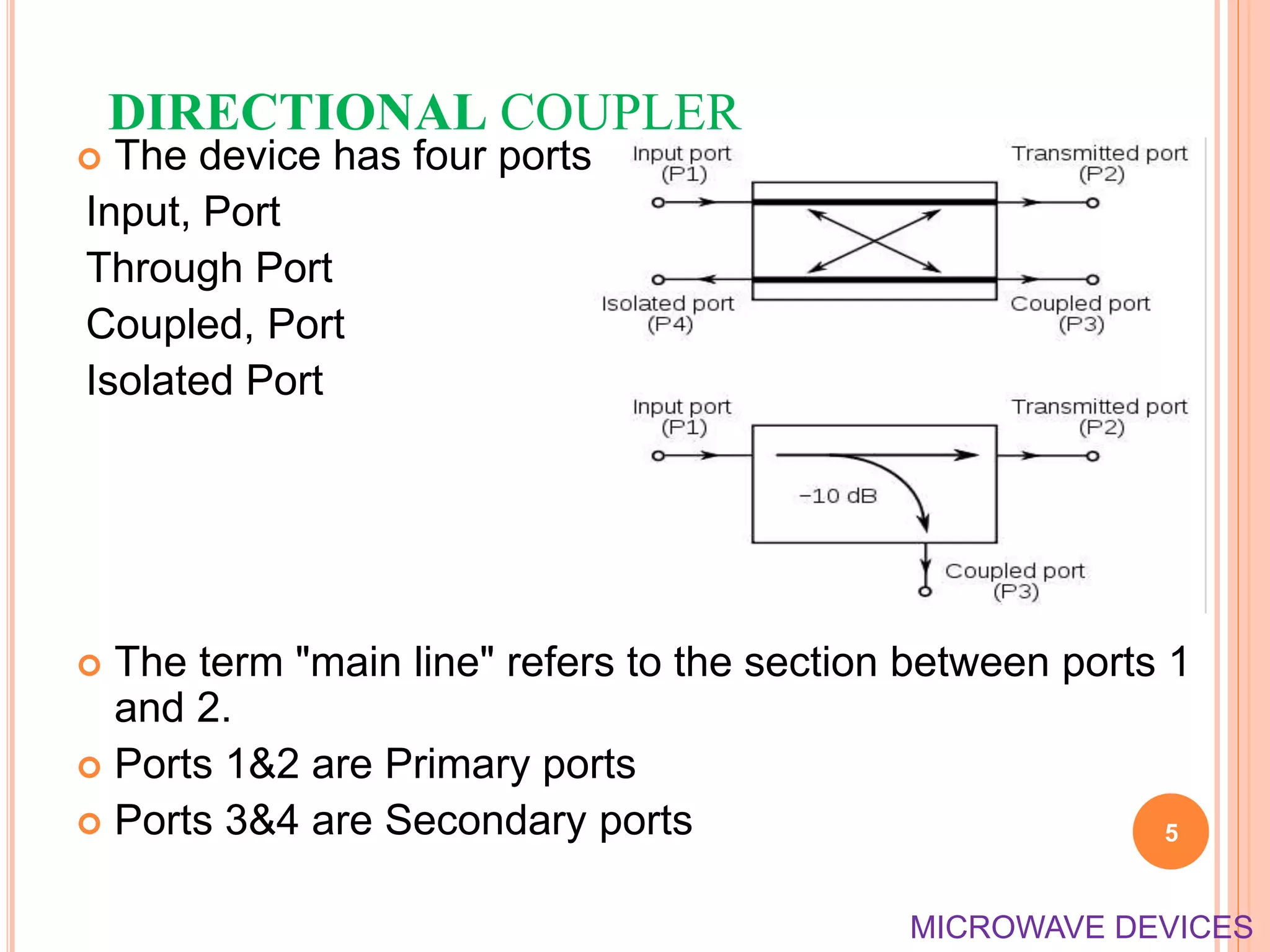 DIRECTIONAL COUPLER
 The device has four ports:
Input, Port
Through Port
Coupled, Port
Isolated Port
 The term "main line" refers to the section between ports 1
and 2.
 Ports 1&2 are Primary ports
 Ports 3&4 are Secondary ports 5
MICROWAVE DEVICES
 