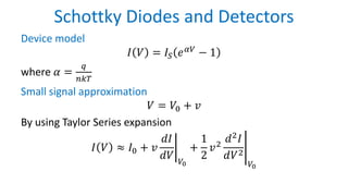 Schottky Diodes and Detectors
Device model
𝐼 𝑉 = 𝐼𝑆 𝑒 𝛼𝑉 − 1
where 𝛼 =
𝑞
𝑛𝑘𝑇
Small signal approximation
𝑉 = 𝑉0 + 𝑣
By using Taylor Series expansion
𝐼 𝑉 ≈ 𝐼0 + 𝑣 ቤ
𝑑𝐼
𝑑𝑉 𝑉0
+
1
2
𝑣2
อ
𝑑2 𝐼
𝑑𝑉2
𝑉0
 