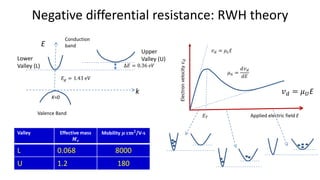 Negative differential resistance: RWH theory
Valence Band
Conduction
band
k
E
∆𝐸 = 0.36 𝑒𝑉
Lower
Valley (L)
Upper
Valley (U)
𝐸𝑔 = 1.43 eV
K=0
Valley Effective mass
𝑴 𝒆
Mobility 𝝁 𝐜𝐦 𝟐
/V-s
L 0.068 8000
U 1.2 180
Electronvelocity𝑣𝑑
Applied electric field E𝐸 𝑇
𝑣 𝑑 = 𝜇 𝐿E
𝑣 𝑑 = 𝜇 𝑈E
𝜇 𝑛 =
𝑑𝑣 𝑑
𝑑𝐸
 