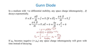 Gunn Diode
In a medium with +ve differential mobility, any space charge inhomogeneity , 𝑄
decays exponentially.
𝛻 × 𝐻 =
𝜕𝐷
𝜕𝑡
+ Ԧ𝐽 ⇒ 𝛻. 𝛻 × 𝐻 =
𝜕 𝛻. 𝐷
𝜕𝑡
+ 𝛻. Ԧ𝐽
⇒
𝜕 𝛻. 𝐷
𝜕𝑡
+ 𝛻. 𝜎𝐸 = 0 ⇒
𝜕𝜌
𝜕𝑡
+ 𝜎
𝜌
𝜖
= 0
∴ 𝜌 = 𝜌 0 𝑒
−
𝜎
𝜖 𝑡
𝑜𝑟 𝑄 𝑡 = 𝑄 0 𝑒−𝑡/𝑇 𝑑
𝑇𝑑 =
𝜖
𝜎
=
𝜖
𝑛0 𝑞𝜇 𝑒
𝜇 𝑒 =
𝑑𝑣 𝑑
𝑑𝐸
If 𝜇 𝑒 becomes negative (= 𝜇 𝑛) any space charge inhomogeneity will grow with
time instead of decaying.
 