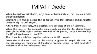 IMPATT Diode
When breakdown is initiated, large number holes and electrons are created at
the 𝑝+ 𝑛 junction.
Electrons are swept across the 𝑛 region into the intrinsic semiconductor
constituting the drift region.
After a transit time delay, the electrons are collected at the 𝑛+ terminal.
When the time for the avalanche charge build up plus that for charge transit
through the drift region exceeds one-half of RF period, output current lags
the RF voltage by more than 900
The diode thus exhibits negative resistance for RF currents.
Once the oscillation starts in the cavity, it grows in amplitude until the
average negative resistance of the diode becomes equal to total equivalent
resistance of cavity and external load
 