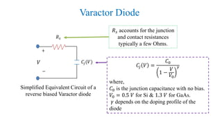 Varactor Diode
𝑅 𝑠
𝐶𝑗(𝑉)
+
−
𝑉
Simplified Equivalent Circuit of a
reverse biased Varactor diode
𝑅 𝑠 accounts for the junction
and contact resistances
typically a few Ohms.
𝐶𝑗 𝑉 =
𝐶0
1 −
𝑉
𝑉0
𝛾
where,
𝐶0 is the junction capacitance with no bias.
𝑉0 = 0.5 𝑉 for Si & 1.3 𝑉 for GaAs.
𝛾 depends on the doping profile of the
diode
 