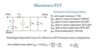 Microwave FET
Small Signal Equivalent Circuit of a Microwave FET (Common source configuration)
𝑅𝑖: series gate resistance ( 7 Ω)
𝑅 𝑑𝑠: drain to source resistance ( 400 Ω)
𝐶𝑔𝑠: gate to source capacitance (0.3 pF)
𝐶 𝑑𝑠: drain to source capacitance (0.12 pF)
𝐶𝑔𝑑: gate to drain capacitance (0.01 pF)
𝑔 𝑚: (transconductance) (40 mS)
𝑅𝑖
+
−
𝑉𝐶
𝑅 𝑑𝑠 𝐶 𝑑𝑠
𝑔 𝑚 𝑉𝐶
𝐶𝑔𝑑
𝐶𝑔𝑠
DrainGate
Source
Parameters & their typical Values
For unilateral case, when 𝐶𝑔𝑑 = 0, 𝐺𝐼 𝑆𝐶 =
𝐼 𝑑
𝐼 𝑔
=
𝑔 𝑚
𝜔𝐶 𝑔𝑠
𝑓𝑇=
𝑔 𝑚
2𝜋𝐶 𝑔𝑠
 