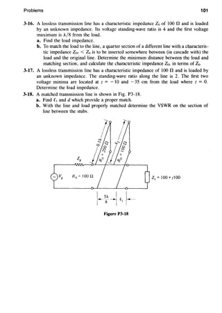 Problems 101
3-16. A lossless transmission line has a characteristic impedance Zo of 100 0 and is loaded
by an unknown impedance. Its voltage standing-wave ratio is 4 and the first voltage
maximum is A/8 from the load.
a. Find the load impedance.
b. To match the load to the line, a quarter section of a different line with a characteris-
tic impedance Z01 < Z0 is to be inserted somewhere between (in cascade with) the
load and the original line. Determine the minimum distance between the load and
matching section, and calculate the characteristic impedance Zo1 in terms of Z0.
3-17. A lossless transmission line has a characteristic impedance of 100 0 and is loaded by
an unknown impedance. The standing-wave ratio along the line is 2. The first two
voltage minima are located at z = -10 and -35 em from the load where z = 0.
Determine the load impedance.
3-18. A matched transmission line is shown in Fig. P3-18.
a. Find eI and d which provide a proper match.
b. With the line and load properly matched determine the VSWR on the section of
line between the stubs.
R0 = 100 Q z, = 100 + j!OO
Figure P3-18
 