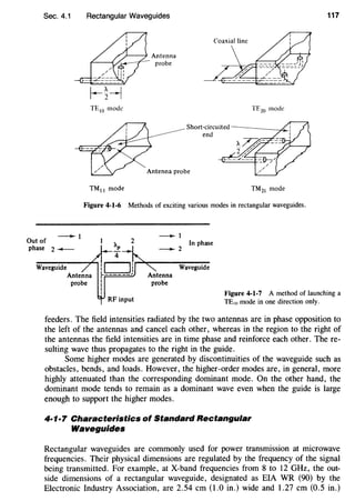 Sec. 4.1
Outof - I
phase 2 -
Rectangular Waveguides
TE10 mode
Antenna
probe
117
Coaxial line
TE20 mode
Short-circuited-----...£._
end
Antenna probe
TM11 mode TM 21 mode
Figure 4-1-6 Methods of exciting various modes in rectangular waveguides.
- I
2
- 2
In phase
Waveguide
Figure 4-1-7 A method of launching a
TE10 mode in one direction only.
feeders. The field intensities radiated by the two antennas are in phase opposition to
the left of the antennas and cancel each other, whereas in the region to the right of
the antennas the field intensities are in time phase and reinforce each other. The re-
sulting wave thus propagates to the right in the guide.
Some higher modes are generated by discontinuities of the waveguide such as
obstacles, bends, and loads. However, the higher-order modes are, in general, more
highly attenuated than the corresponding dominant mode. On the other hand, the
dominant mode tends to remain as a dominant wave even when the guide is large
enough to support the higher modes.
4·1·7 Characteristics of Standard Rectangular
Waveguides
Rectangular waveguides are commonly used for power transmission at microwave
frequencies. Their physical dimensions are regulated by the frequency of the signal
being transmitted. For example, at X-band frequencies from 8 to 12 GHz, the out-
side dimensions of a rectangular waveguide, designated as EIA WR (90) by the
Electronic Industry Association, are 2.54 em (1.0 in.) wide and 1.27 em (0.5 in.)
 