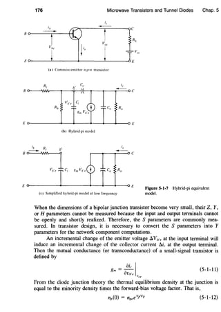 176 Microwave Transistors and Tunnel Diodes Chap. 5
(a) Common-emitter n-p-n transistor
cb' c
Eo---------~~--._----+---~--~----oE
(b) Hybrid-pi model
ib ic
- R; b'
-B~
c
Vb'e C; co Ro
Eo---------~~--------+---~--~----oE
(c) Simplified hybrid-pi model at low frequency
Figure 5-1-7 Hybrid-pi equivalent
model.
When the dimensions of a bipolar junction transistor become very small, their Z, Y,
or H parameters cannot be measured because the input and output terminals cannot
be openly and shortly realized. Therefore, the S parameters are commonly mea-
sured. In transistor design, it is necessary to convert the S parameters into Y
parameters for the network component computations.
An incremental change of the emitter voltage .1"Vb'e at the input terminal will
induce an incremental change of the collector current .1ic at the output terminal.
Then the mutual conductance (or transconductance) of a small-signal transistor is
defined by
aic Ig = -
m avb'e
"ce
(5-1-11)
From the diode junction theory the thermal equilibrium density at the junction is
equal to the minority density times the forward-bias voltage factor. That is,
(5-1-12)
 