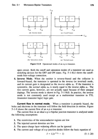 Sec. 5.1 Microwave Bipolar Transistors 179
(d) Inverse mode (c) Cutoff mode
------------------------~----------------------~Va
0
(b) Saturation mode (a) Normal mode
Figure 5-1-8 Operational modes of an n-p-n transistor.
open circuit. Both the cutoff and saturation modes of a transistor are used as
switching devices for the OFF and ON states. Fig. 5-I-8(c) shows the cutoff-
mode bias-voltage connection.
4. Inverse Mode. When the emitter is reverse-biased and the collector is
forward-biased, the transistor is operated in the inverse (or inverted) mode,
and its current gain is designated as the inverse alpha a1 . If the transistor is
symmetric, the normal alpha aN is nearly equal to the inverse alpha a1 . The
two current gains, however, are not actually equal because of their unequal
dopings. The inverse mode is shown in Fig. 5-1-8(d). In practice, the inverse
mode is not commonly used except as a multiemitter transistor in TTL
(transistor-transistor logic) logic gate.
Current flow in normal mode. When a transistor is properly biased, the
holes and electrons in the transistor will follow the field direction in motion. Figure
5-1-9 shows the current flow of an n-p-n transistor.
The current flow in an ideal n-p-n bipolar junction transistor is analyzed under
the following assumptions:
1. The resistivities of the semiconductor regions are low
2. The injected current densities are low
3. The space-charge layer widening effects can be ignored
4. The current and voltage of n-p junction diodes follow the basic equation of
I = /0 (e v;vT - 1) (5-1- 20)
 