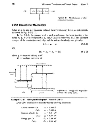 194 Microwave Transistors and Tunnel Diodes Chap. 5
E c
B
Figure 5-2-1 Model diagram of a het-
erojunction transistor.
5·2·2 Operational Mechanism
When an n-Ge and a p-GaAs are isolated, their Fermi energy levels are not aligned,
as shown in Fig. 5-2-2 [7].
In Fig. 5-2-2, the vacuum level is used as reference, the work function is de-
noted by cf>, n-Ge is designated as 1, and p -GaAs is referred to as 2. The different
energies of the conduction-band edge and the valence-band edge are given by
and
AEv = Egz - Eg1 - AEc
where x = electron affinity in eV
Eg = bandgap energy in eV
Vacuum level
(5-2-1)
(5-2-2)
Figure 5-2-2 Energy-band diagram for
isolated n-Ge and p -GaAs.
Example 5-2-1: Heterojunction Bipolar Transistor (HBT)
A Ge-GaAs heterojunction transistor has the following parameters:
Lattice constant: Ge a1 = 5.646 A
GaAs az = 5.653 A
Electron affinity: Ge X1 = 4.0 eV
GaAs xz = 4.07 eV
Energy gap: Ge Egl = 0.80 eV
GaAs Egz = 1.43 eV
 