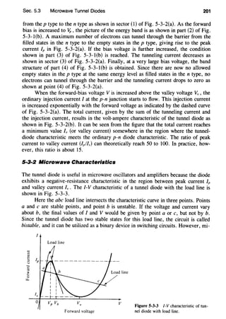 Sec. 5.3 Microwave Tunnel Diodes 201
from the p type to then type as shown in sector (1) of Fig. 5-3-2(a). As the forward
bias is increased to Vp, the picture of the energy band is as shown in part (2) of Fig.
5-3-l(b). A maximum number of electrons can tunnel through the barrier from the
filled states in the n type to the empty states in the p type, giving rise to the peak
current Ip in Fig. 5-3-2(a). If the bias voltage is further increased, the condition
shown in part (3) of Fig. 5-3-l(b) is reached. The tunneling current decreases as
shown in sector (3) of Fig. 5-3-2(a). Finally, at a very large bias voltage, the band
structure of part (4) of Fig. 5-3-l(b) is obtained. Since there are now no allowed
empty states in the p type at the same energy level as filled states in the n type, no
electrons can tunnel through the barrier and the tunneling current drops to zero as
shown at point (4) of Fig. 5-3-2(a).
When the forward-bias voltage V is increased above the valley voltage Vv , the
ordinary injection current I at the p-n junction starts to flow. This injection current
is increased exponentially with the forward voltage as indicated by the dashed curve
of Fig. 5-3-2(a). The total current, given by the sum of the tunneling current and
the injection current, results in the volt-ampere characteristic of the tunnel diode as
shown in Fig. 5-3-2(b). It can be seen from the figure that the total current reaches
a minimum value Iv (or valley current) somewhere in the region where the tunnel-
diode characteristic meets the ordinary p-n diode characteristic. The ratio of peak
current to valley current (/p!Iv) can theoretically reach 50 to 100. In practice, how-
ever, this ratio is about 15.
5·3·2 Microwave Characteristics
The tunnel diode is useful in microwave oscillators and amplifiers because the diode
exhibits a negative-resistance characteristic in the region between peak current IP
and valley current Iv. The I-V characteristic of a tunnel diode with the load line is
shown in Fig. 5-3-3.
Here the abc load line intersects the characteristic curve in three points. Points
a and c are stable points, and point b is unstable. If the voltage and current vary
about b, the final values of I and V would be given by point a or c, but not by b.
Since the tunnel diode has two stable states for this load line, the circuit is called
bistable, and it can be utilized as a binary device in switching circuits. However, mi-
t
Load line
Forward voltage
Figure 5-3-3 1-V characteristic of tun-
nel diode with load line.
 