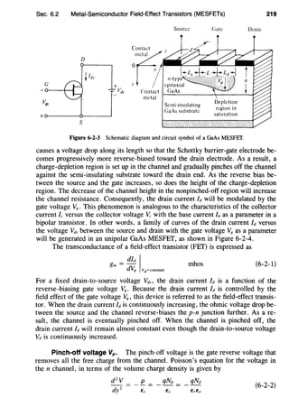 Sec. 6.2 Metal-Semiconductor Field-Effect Transistors (MESFETs) 219
Source (;ate Drain
D
+o--------o------~
s
Figure 6-2-3 Schematic diagram and circuit symbol of a GaAs MESFEf.
causes a voltage drop along its length so that the Schottky barrier-gate electrode be-
comes progressively more reverse-biased toward the drain electrode. As a result, a
charge-depletion region is set up in the channel and gradually pinches off the channel
against the semi-insulating substrate toward the drain end. As the reverse bias be-
tween the source and the gate increases, so does the height of the charge-depletion
region. The decrease of the channel height in the nonpinched-off region will increase
the channel resistance. Consequently, the drain current ld will be modulated by the
gate voltage VR. This phenomenon is analogous to the characteristics of the collector
current lc versus the collector voltage Vc with the base current has a parameter in a
bipolar transistor. In other words, a family of curves of the drain current ld versus
the voltage Vds between the source and drain with the gate voltage VR as a parameter
will be generated in an unipolar GaAs MESFET, as shown in Figure 6-2-4.
The transconductance of a field-effect transistor (FET) is expressed as
mhos (6-2-1)
For a fixed drain-to-source voltage Vd, the drain current ld is a function of the
reverse-biasing gate voltage VR. Because the drain current ld is controlled by the
field effect of the gate voltage VR, this device is referred to as the field-effect transis-
tor. When the drain current ld is continuously increasing, the ohmic voltage drop be-
tween the source and the channel reverse-biases the p-n junction further. As a re-
sult, the channel is eventually pinched off. When the channel is pinched off, the
drain current ld will remain almost constant even though the drain-to-source voltage
vd is continuously increased.
Pinch-off voltage Vp. The pinch-off voltage is the gate reverse voltage that
removes all the free charge from the channel. Poisson's equation for the voltage in
the n channel, in terms of the volume charge density is given by
d 2
V _ f!_ _ qNd _ qNd
(6-2-2)
 